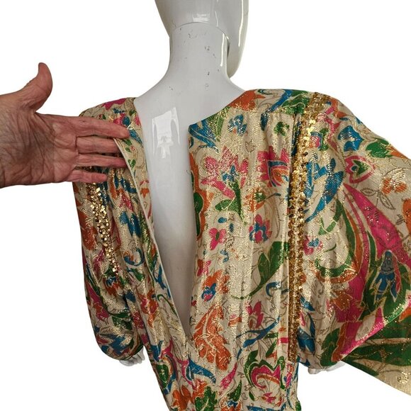 Lucie Ann Beverly Hills 80s Opulent Evening Top Sz S Gold Metallic Pastel Floral - Picture 8 of 13